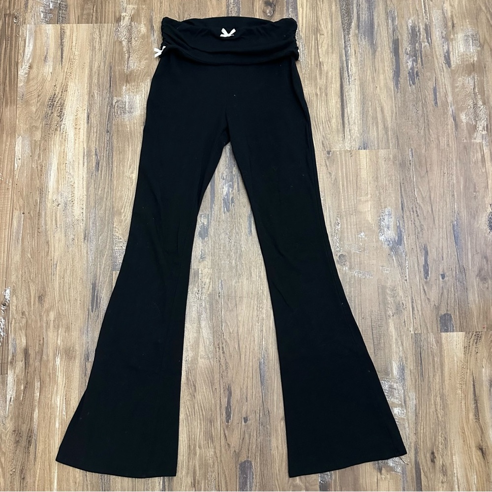 Black Foldover Bow Tie Coquette Low Rise Yoga Leggings Flare Pants